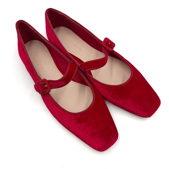 Loeffler Randall Ginger Red Velvet Mary Jane Flats Square Toe Ballet Sz 9